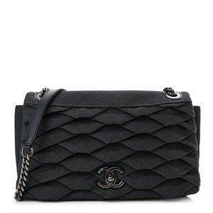 CHANEL Denim Pleated Denim Turtle Flap Dark Blue CC Shoulder Bag